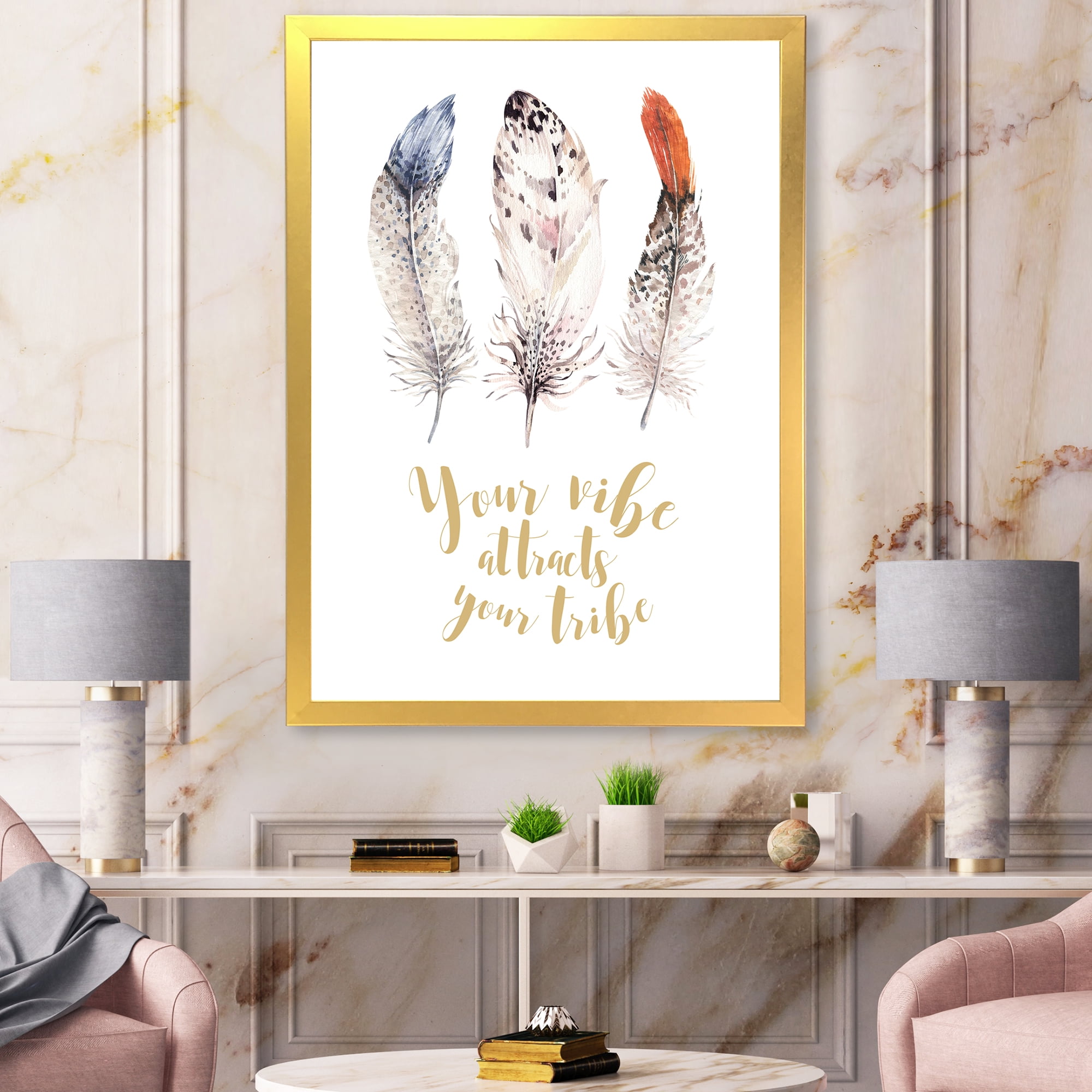 Designart 'Your Vibe Attracts Your Tribe Ethnic Feathers II' Bohemian & Eclectic Framed Art Print