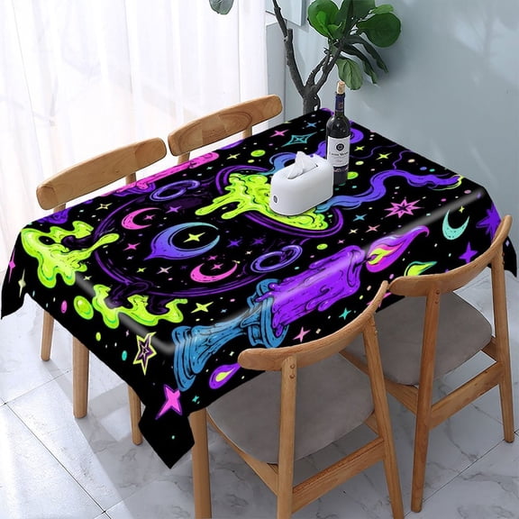 RKSupls Psychedelic Moon Star Design Rectangle Dining Tablecloth, Washable Wipeable Stain & Wrinkle Resistant Polyester Tablecloth for Kitchen Picnic Party