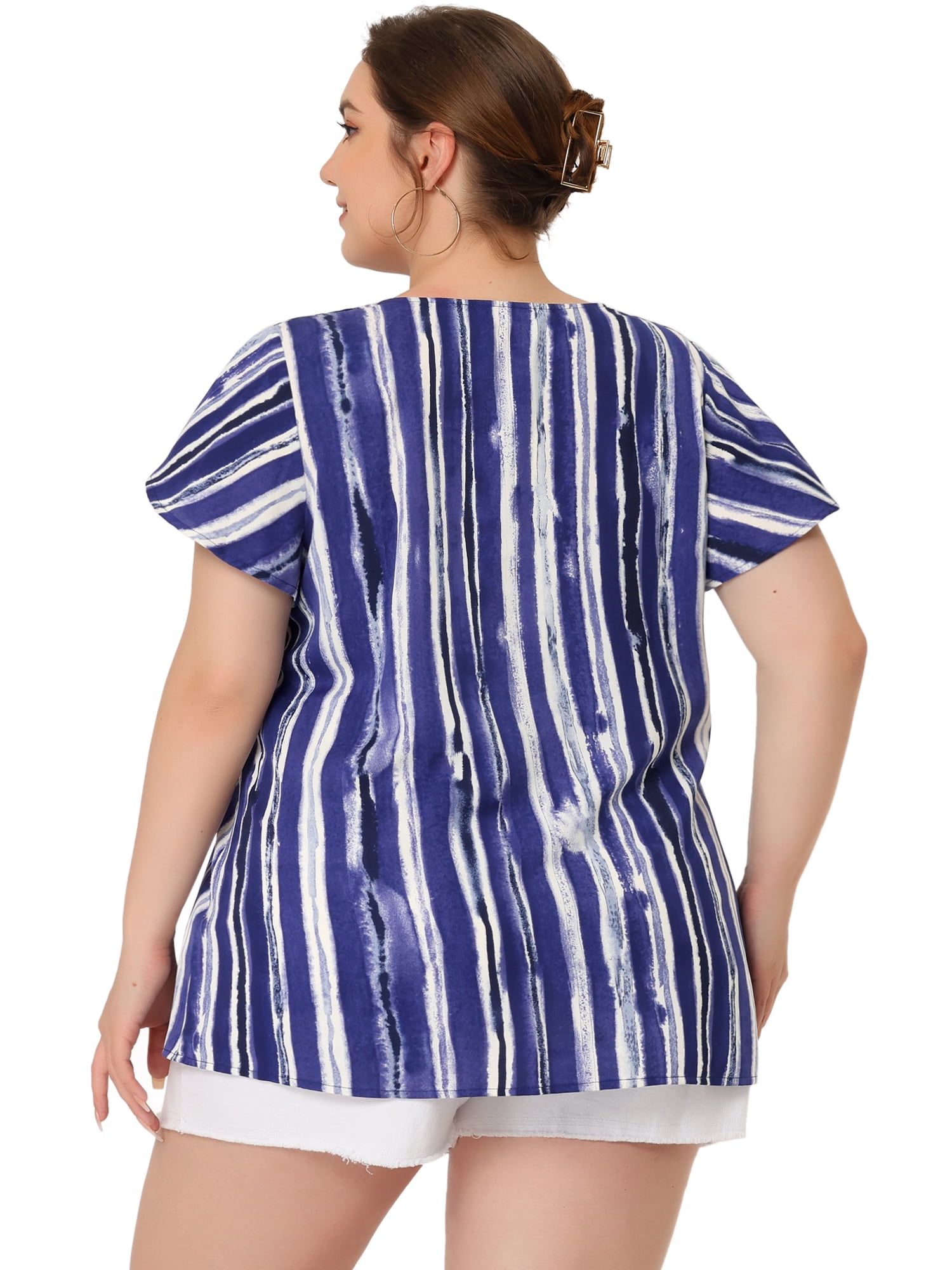 Unique Bargains Women's Plus Size Blouses Short Sleeve Loose Stripe Top