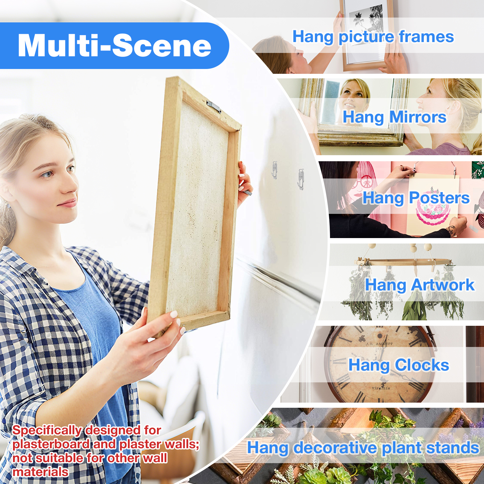 TMWEFUSC 60Pcs Claw Drywall Picture Hanger, Wall Picture Hanging Hooks Heavy Duty Picture Frame Hooks Kit Stainless Steel Mirror Hanger Hold Up to 40 lb for Photo Poster Decor