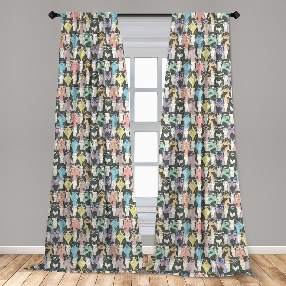 Cat Curtains 2 Panels Set, Pattern with Hipster Playful Feline