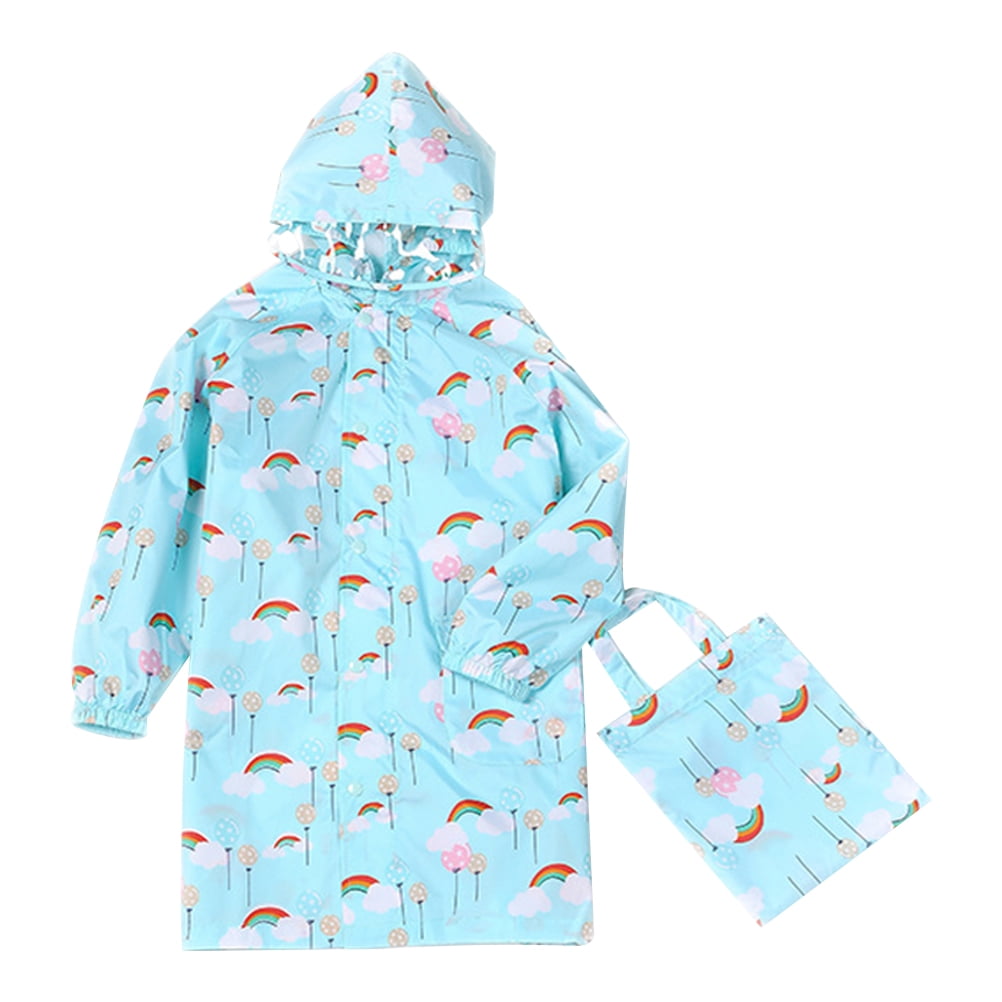 Cyan Rainbow Printing Rain Poncho Reusable Kids Raincoat Portable