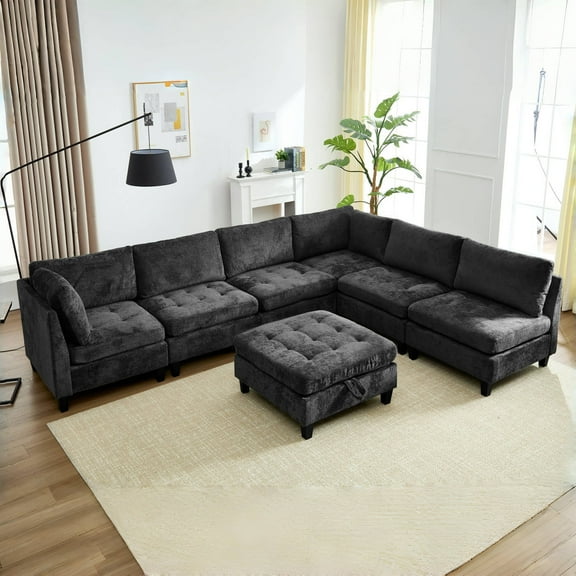 Advwin Oversized Modular Sectional Sofa, Convertible 7 Seat Plush Chenille Couch with Storage Ottoman, Modern Comfy L-Shaped Sofa Sleeper for Living Room, Dark Gray