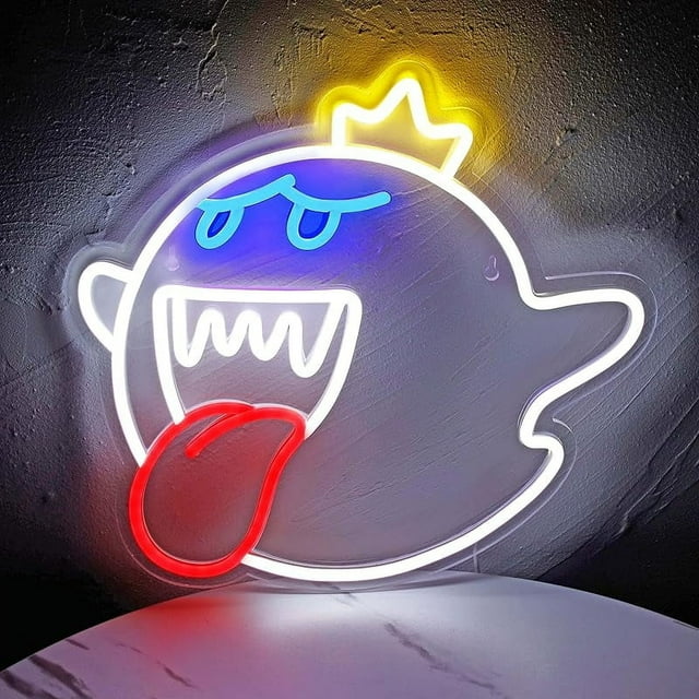 Letrero de neón King Boo The Ghost Face, luz LED de neón Mario, lámpara de acrílico para decoración de sala de juegos, accesorio de luz para juegos, regalos para decoración de habitación de niño