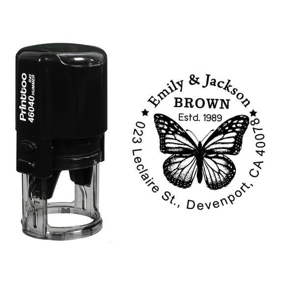 Printtoo Self Inking Custom Round Return Address Rubber Stamp Butterfly Monogram Personalized Stamper-Black