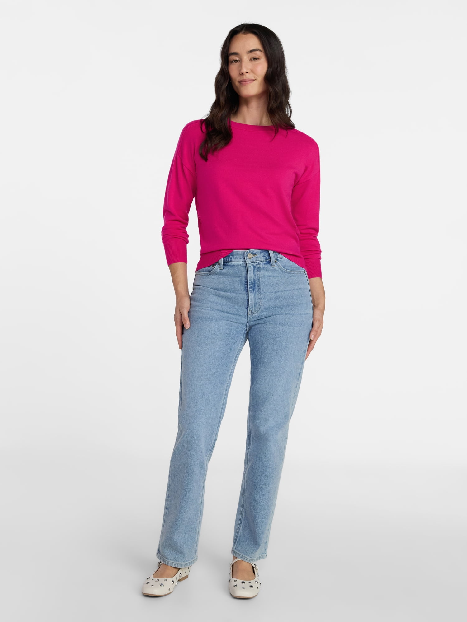 Time and Tru Women's Crewneck Sweater with Long Sleeves, Lightweight, Sizes XS-XXXL