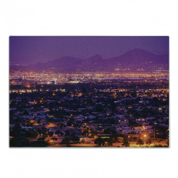 Arizona Cutting Board, Dramatic Phoenix Skyline Suburbs at Night Western Urban City Panorama, Decorative Tempered Glass Cutting and Serving Board, in 3 Sizes, by Ambesonne
