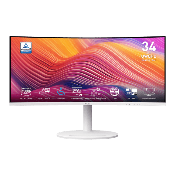 MSI 34" VA 3440 x 1440(UWQHD) Computer Monitor, 120Hz, 1800R Curved, Adaptive-Sync, HDMI, DP, USBC 98W Power Delivery, KVM, Height Adjustable, VESA, Speaker, 1ms, White (Modern MD342CQPW)