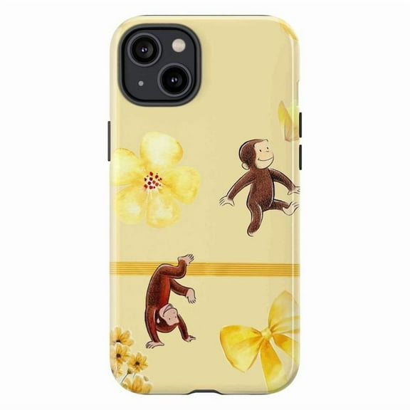Adorable Curious Monkey iPhone Case – Playful Monkey Design with Yellow Floral & Bow Pattern, Cute Cartoon Protective Phone Cover for iPhone 11/12/13/14/15/16 Mini Pro Max Plus
