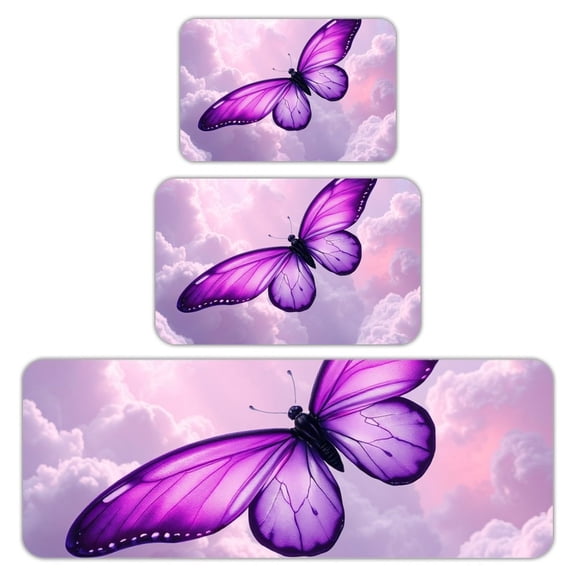 RKSupls Kitchen Rug Set 3 Piece Anti-Slip Flannel Floor Mats, Purple Butterfly Clouds Washable Absorbent Runner Mats for Kitchen Bathroom Home Decor