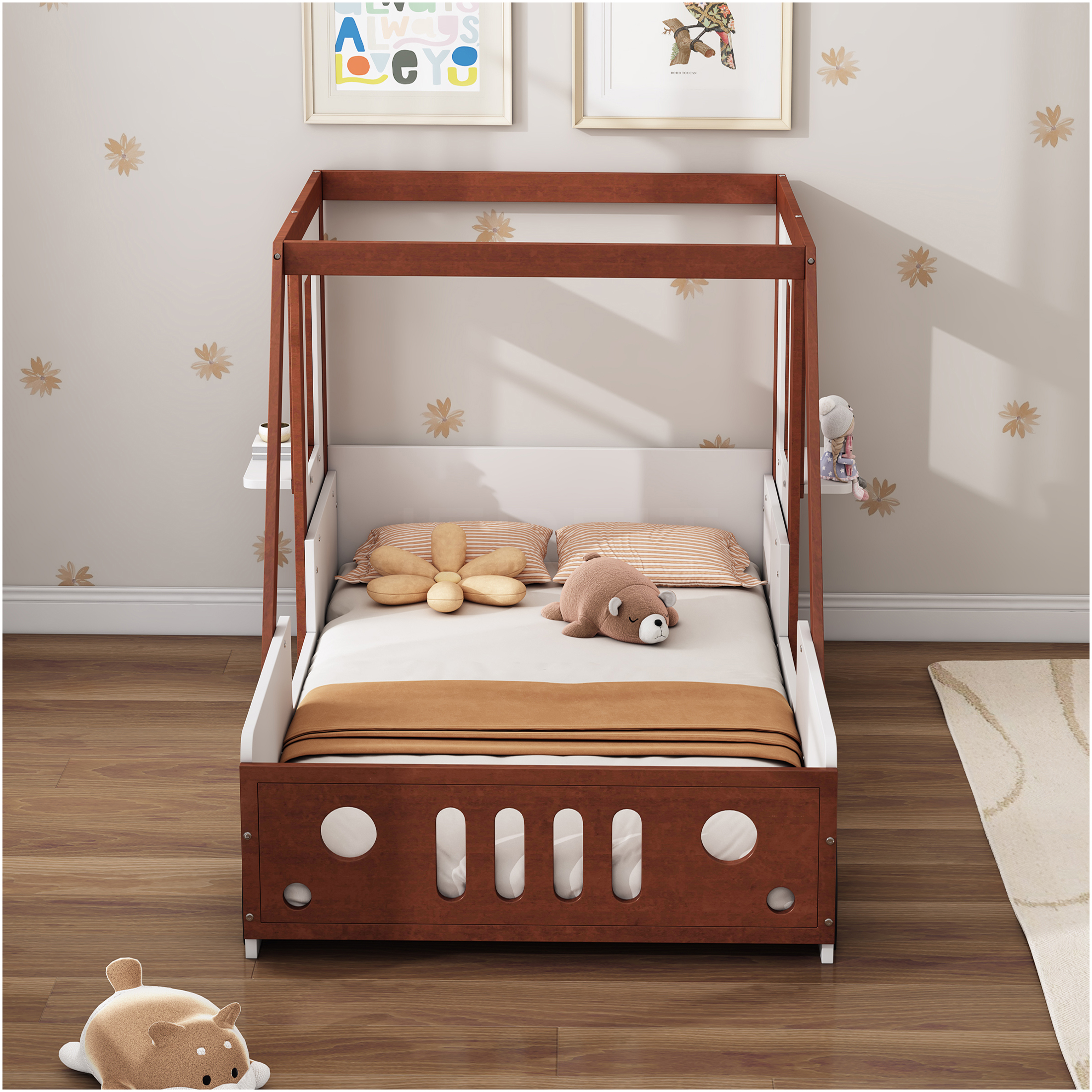 JERFIT Race Car Twin Bed with Storage, Orange White Wood Platform Bed Frame for Boys Girls Teens