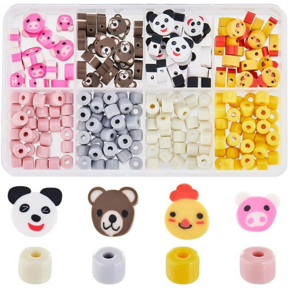 1 Box 240Pcs Animal Beads Bulk Handmade Polymer Clay Beads Assorted Animals Head Bead Panda Bear Chicken Pig Beads Small Cylinder Colorful Acrylic Beads for Jewelry Making Beading Supplies