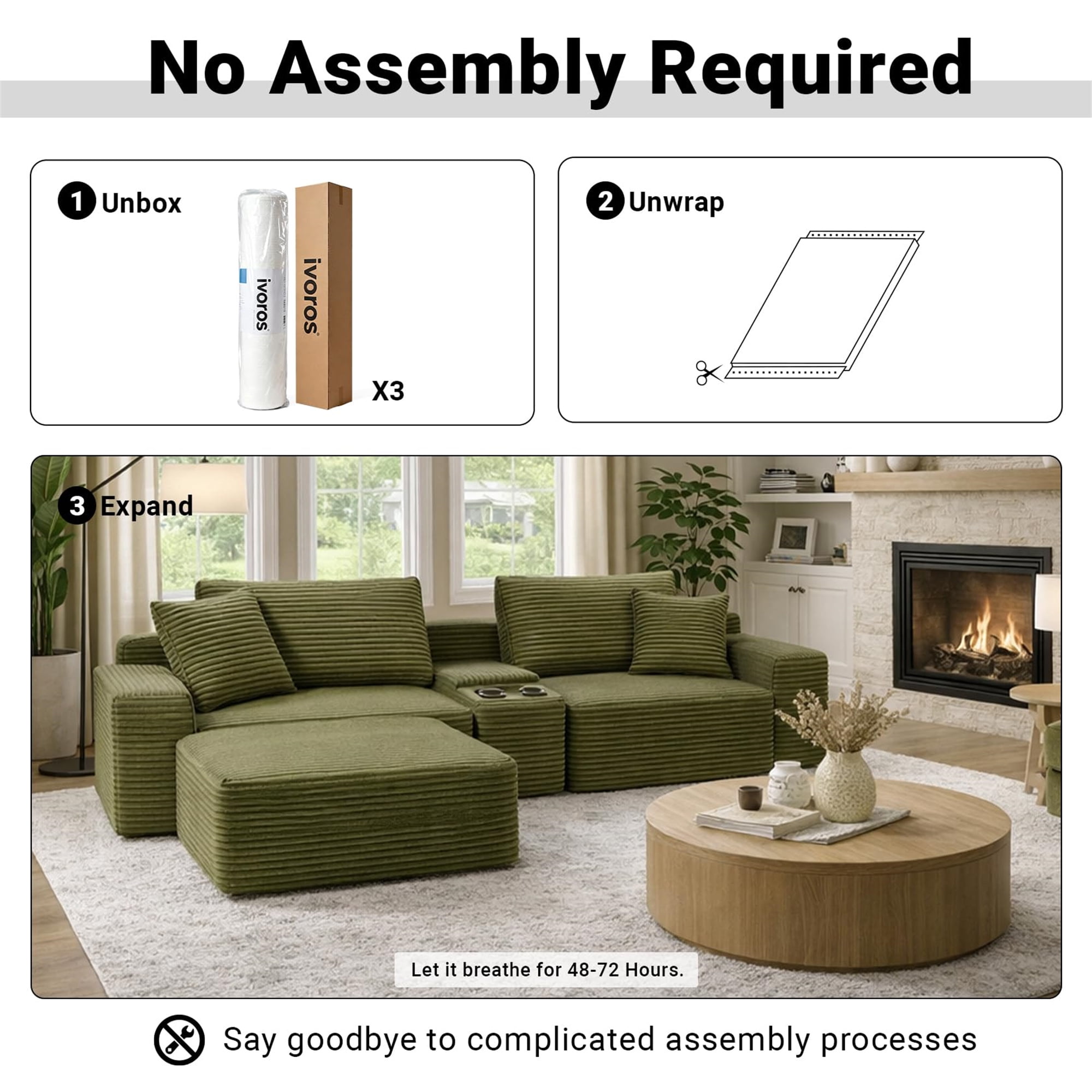 Aukfa 111" Cloud Sectional Sofa Deep Seat Boneless Couch with USB&Cupholdes Storage Console, Modular L-Shaped Couch for Living Room, Corduroy, Green