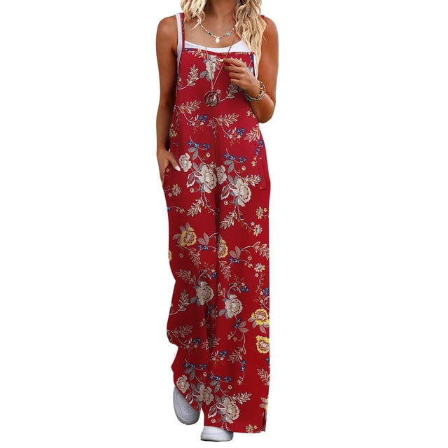 Mono Ekouaer para mujer, estilo bohemio, pierna ancha, estampado floral, talla S, color rojo