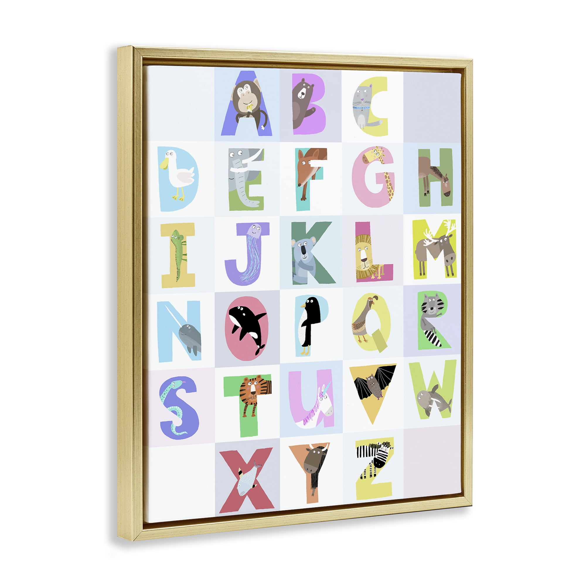 Stupell Industries Animal Alphabet in Light Grey Gold Framed Floater Canvas Wall Art, design by Carla Daly