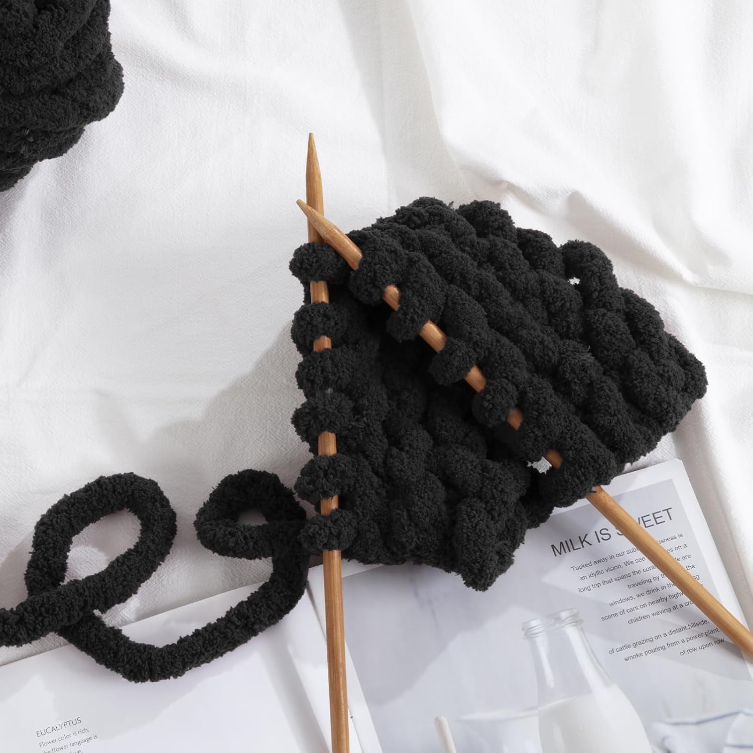 Hombys Black Chunky Chenille Yarn for Crocheting and Knitting, Super Bulky Yarn for Blankets, Soft Plush, 8 Jumbo Packs (27 yds, 8 oz Each)