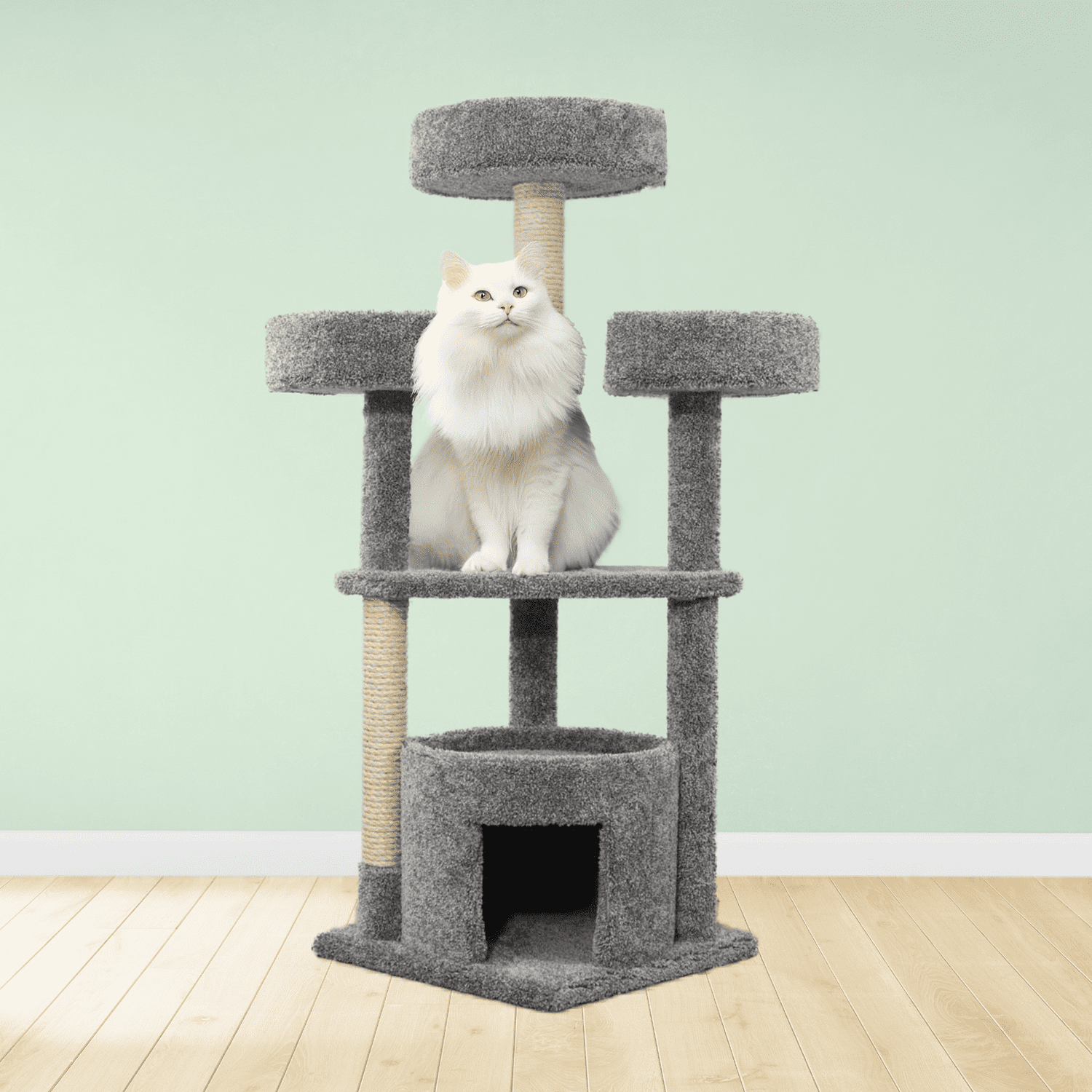 Kitty City Upholstered Multi-Level 54-Inch Indoor Cat Tree with Scratching Posts, House & Perches, Gray