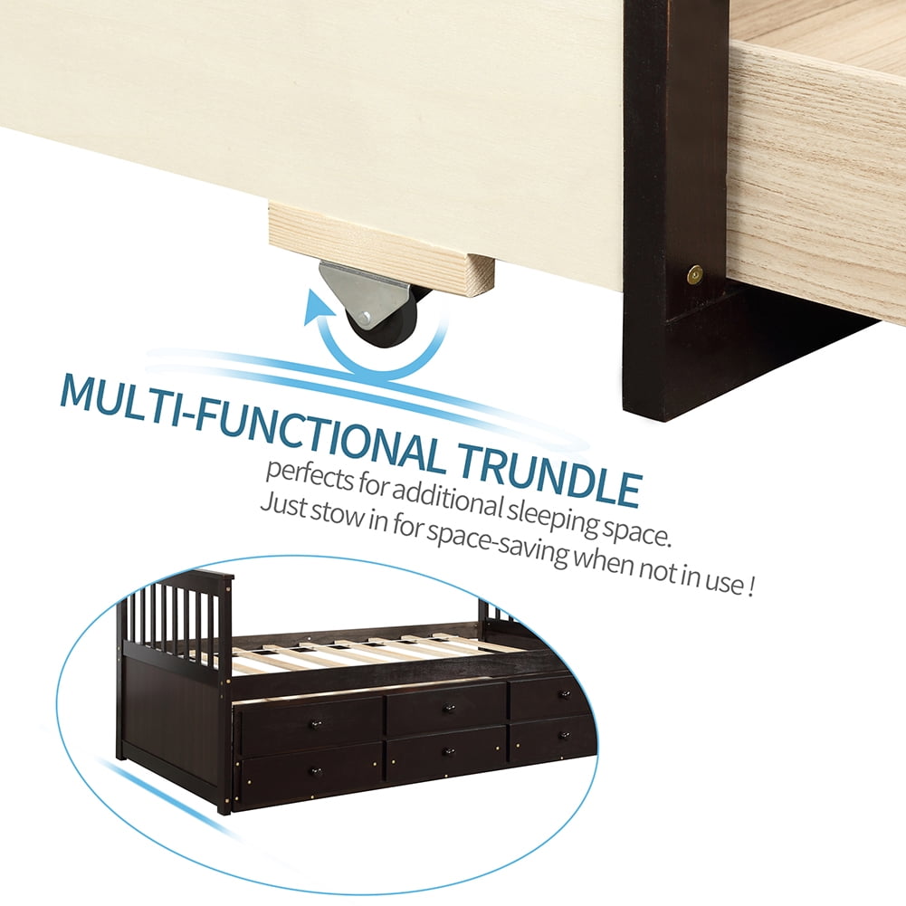 Lowestbest Solid Wood Captain's Bed, Twin Daybed with Trundle Bed and 3 Storage Drawers