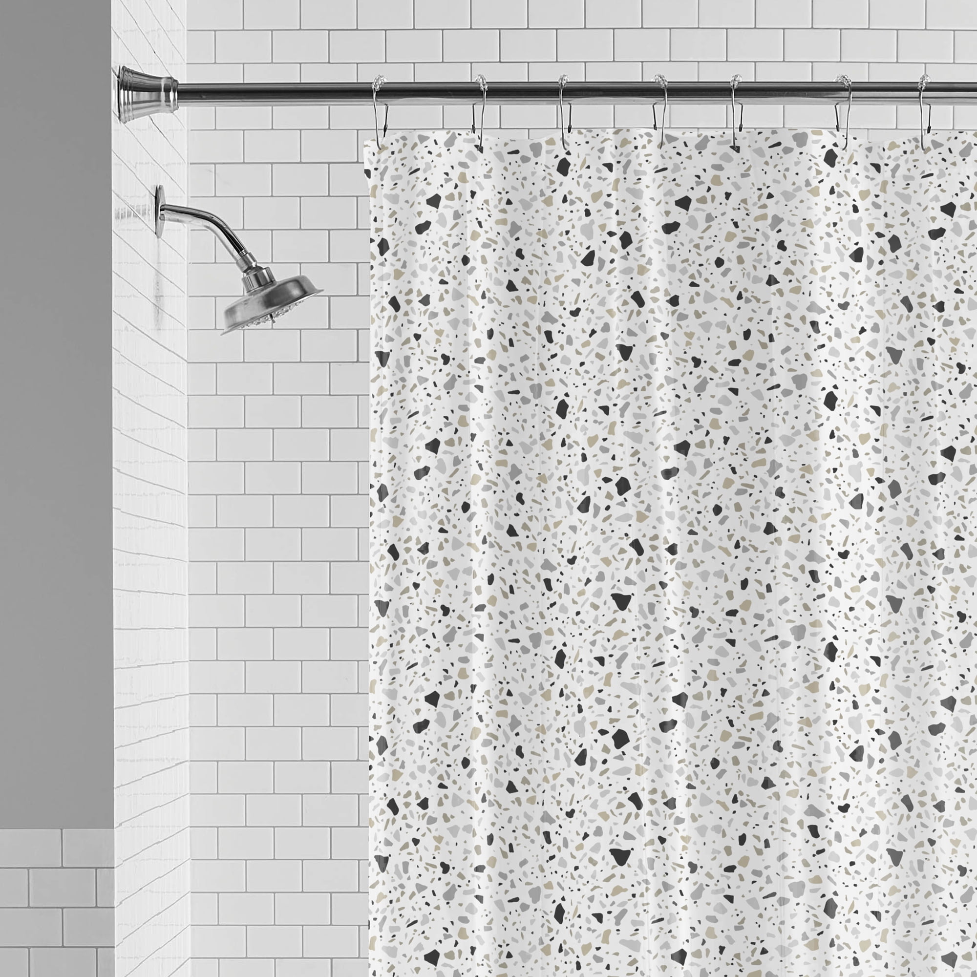 (4 pack) Mainstays Eco-friendly Terrazzo Waterproof Recycled PEVA Shower Curtain Set and Hooks, Black, White