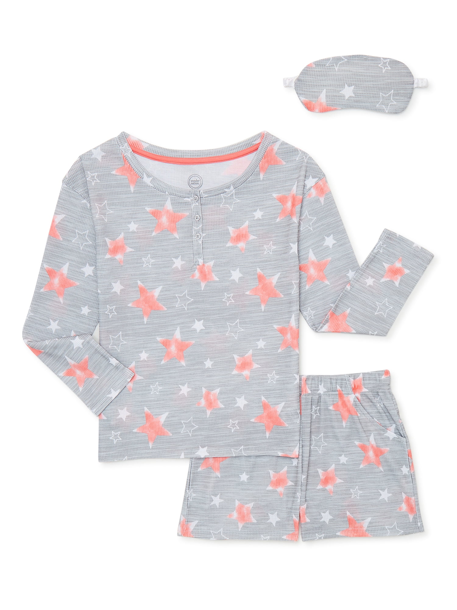 Wonder Nation Girls Top and Shorts Pajama Set with Eye Mask, 3-Piece, Sizes 4-18 & Plus