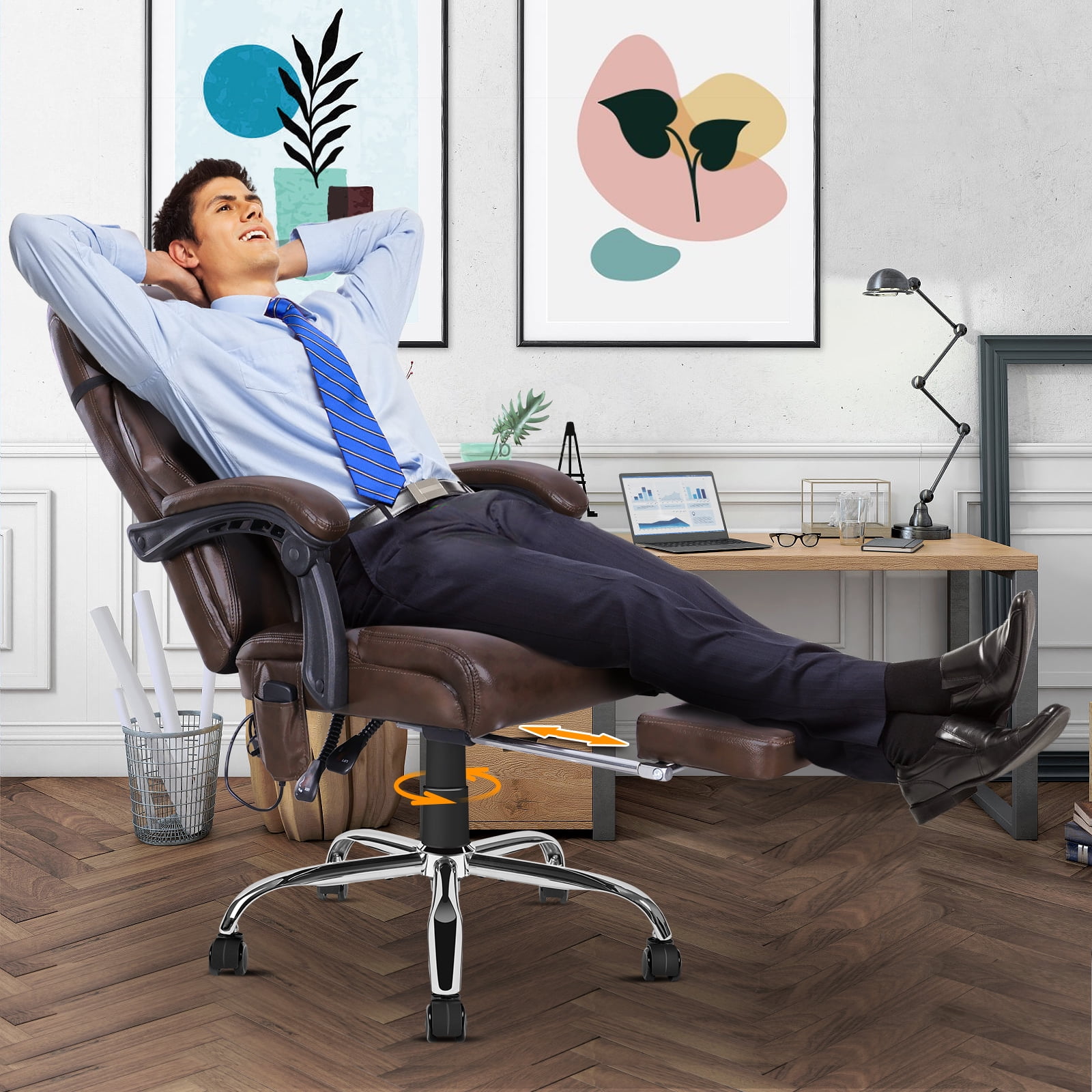 NOBLEMOOD 4 Points Massage Heated Office Chair with Foot Rest&Pillow Black Brown Ergonomic Excutive Office Chair for Adult