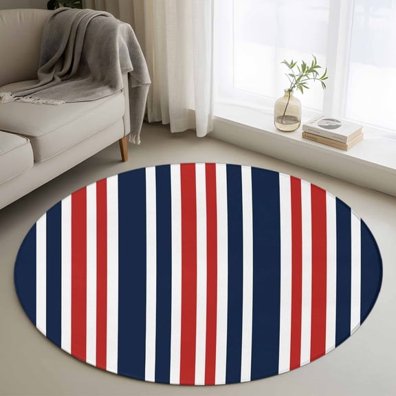 Round Area Rug 3.3 Ft, Navy Blue Red Striped Washable Non-Slip Circle Carpet for Living Room/Bedroom, Modern Minimalist Ombre Lines Low-Profile Small Kitchen Mats Collection Rugs for Indoor