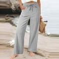 thumbnail image 2 of Bloomae Women Wide Leg Flowy Drawstring Palazzo Linen Pants Beach Lightweight Casual Elastic High Waisted Loose Comfy Trousers with Pockets Gray L, 2 of 6