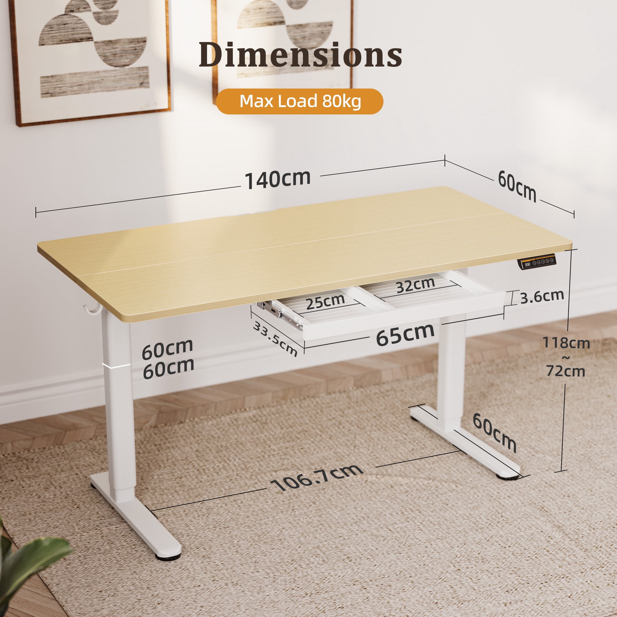 INNOVAR Adjustable Standing Desk with Drawers, 55x24 inch Electric Stand up Adjust Height Sit Stand Desk with Storage Home Office Computer Table Workstation with Power Lifting, Natural