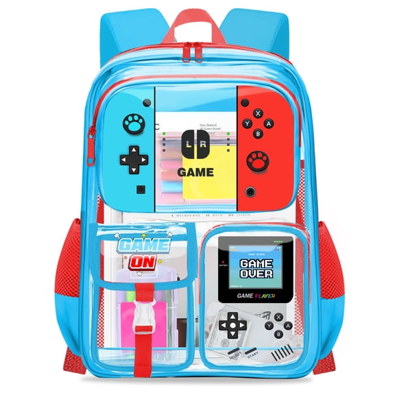 Clear Backpack for Boys - Gamer Kids Clear Bookbag for School, Large See Through PVC Backpack for Stadium Events, Travel, College, Work