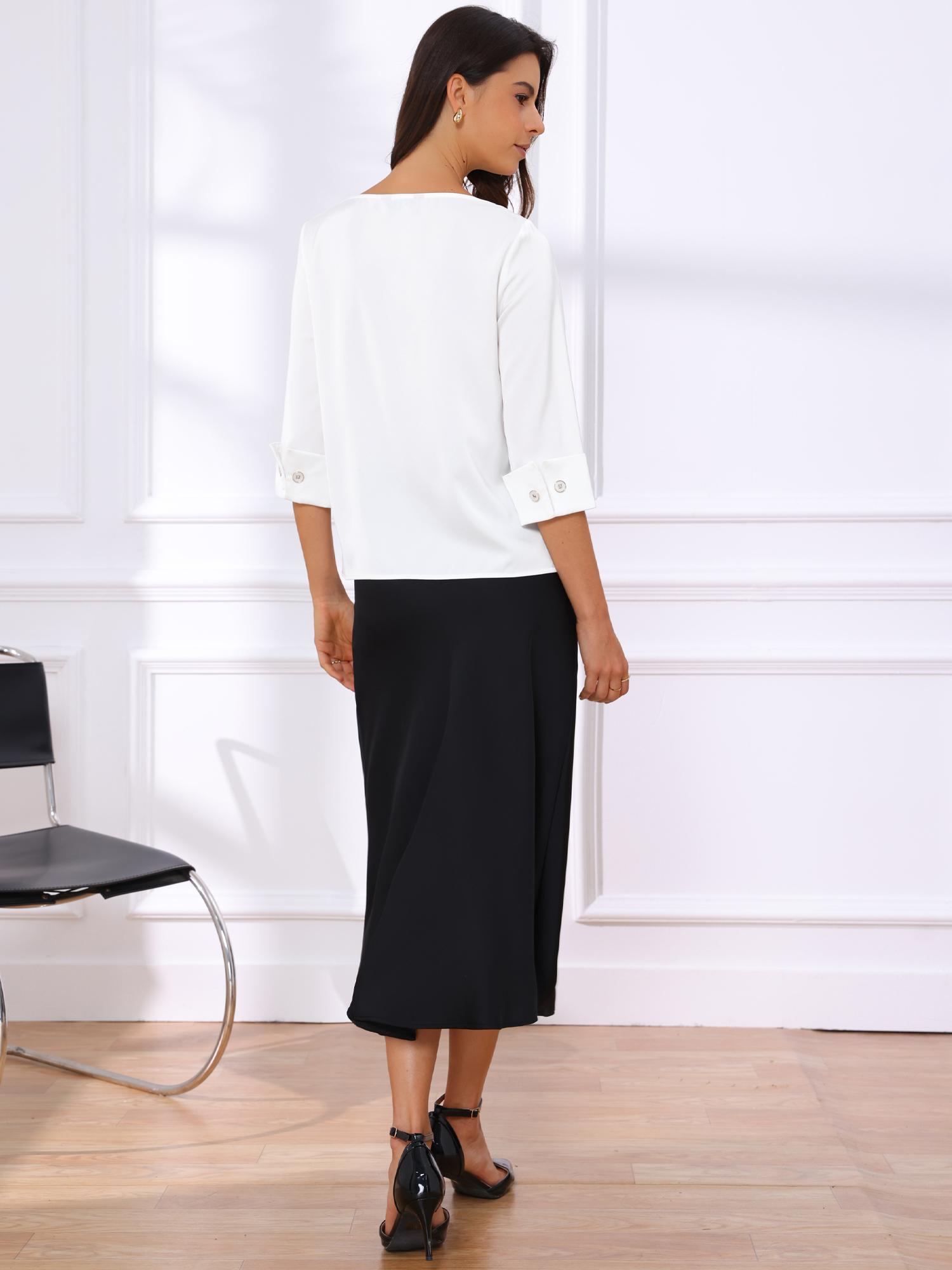 DARING DIVA Women's Satin Boat Neck 3/4 Sleeve Business Shirt S White