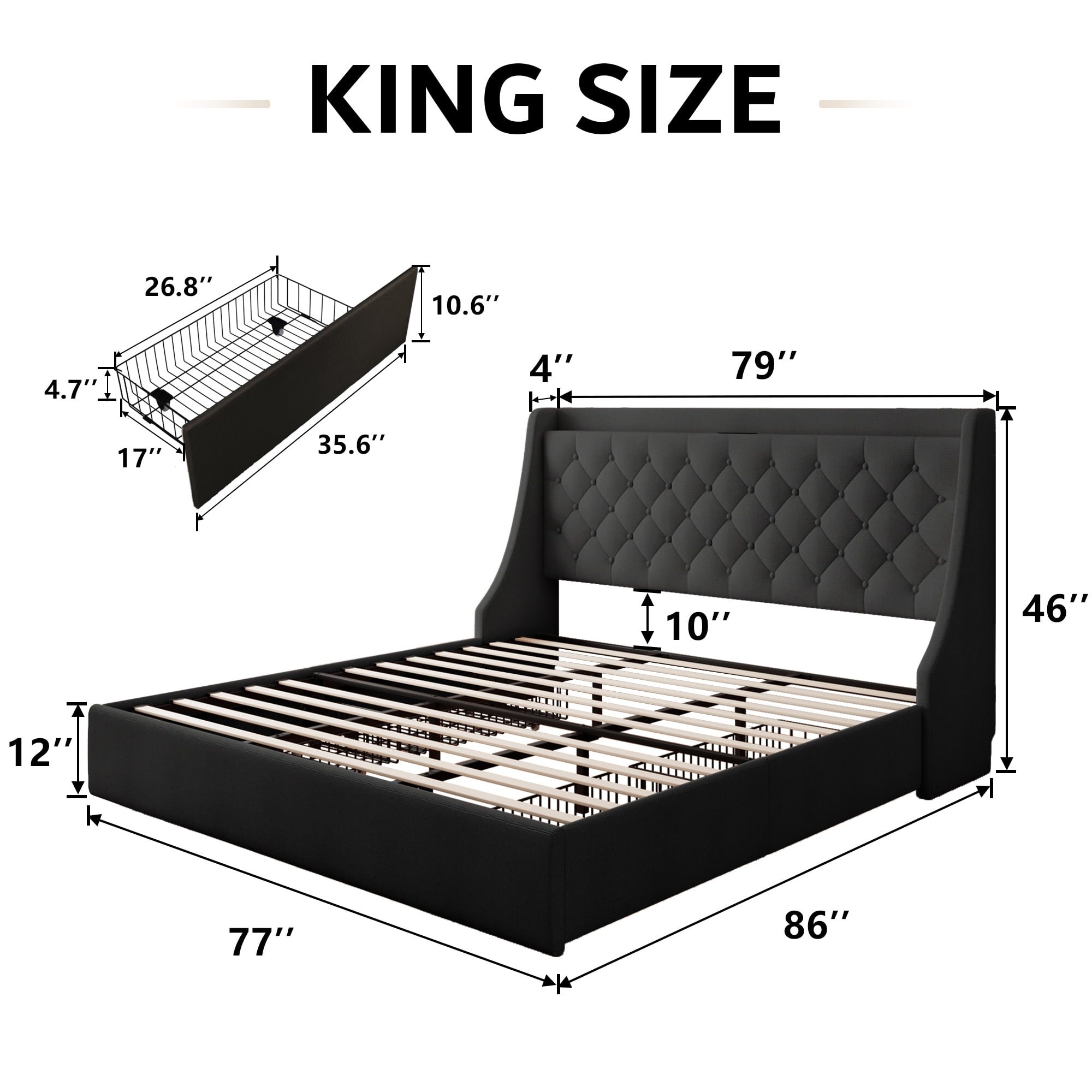 Virans King Bed Frame with 4 Storage Drawers & Charging Station, Upholstered Platform Bed Frame with Wingback Storage Headboard,No Box Spring,Black
