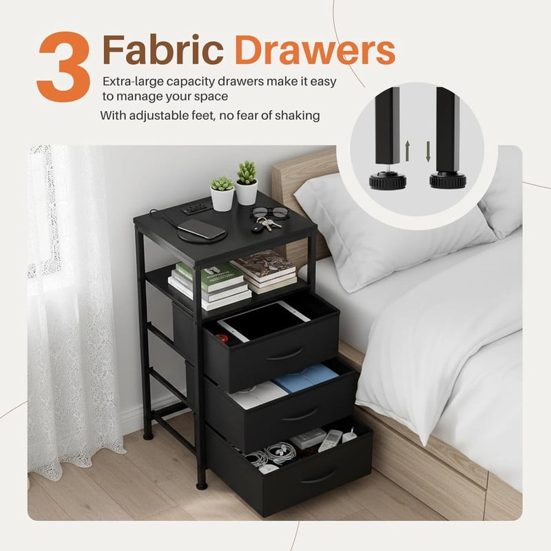 Simenmax Nightstand with Charging Station & LED Lights, 3 Drawer Bedside Table with Variable Light Strip, Modern Industrial Bedroom Furniture, Black