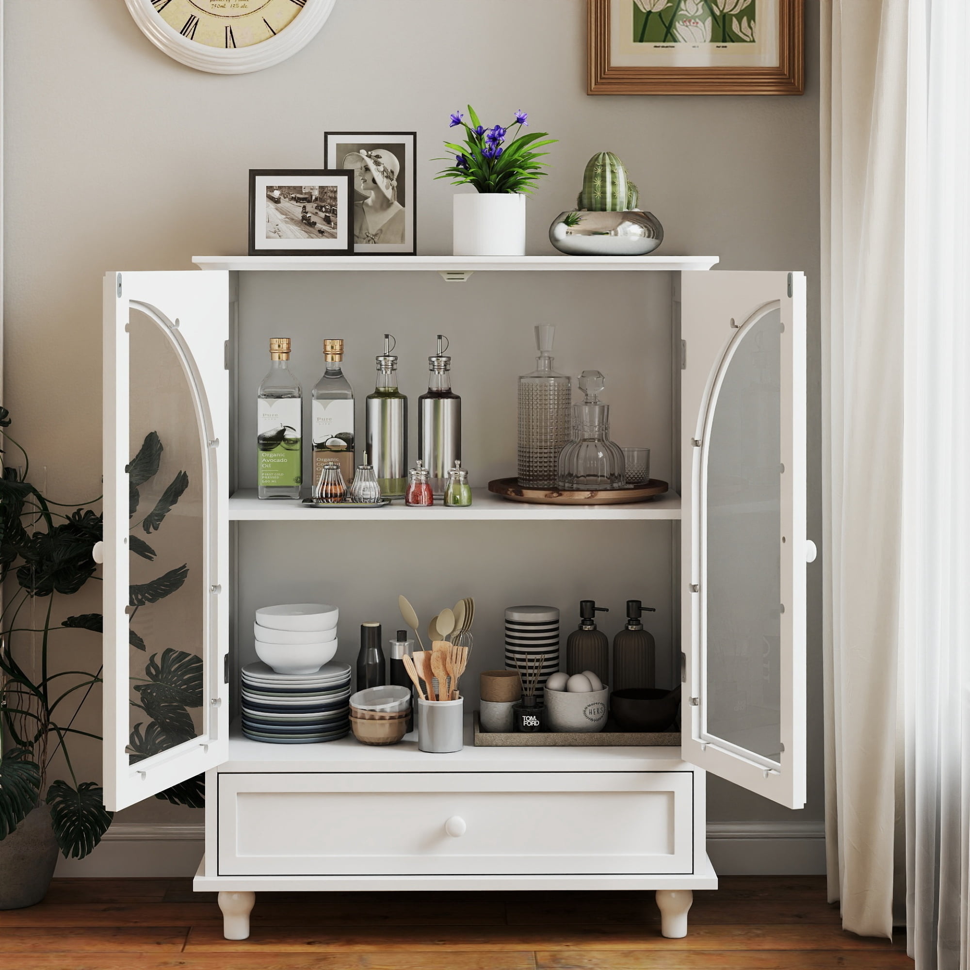 37"H Kitchen Storage Cabinet,Farmhouse Buffet Sideboard with 1 Drawer & 2 Doors,Pantry Cabinet Entryway Cabinet Coffee Bar for Dining Room Living Room,White