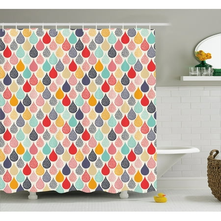 Geometric Shower Curtain, Raindrops Doodle Style Cute Creative Leaf Shaped Colorful Girls Kids Baby Theme, Fabric Bathroom Set with Hooks, Multicolor, by Ambesonne