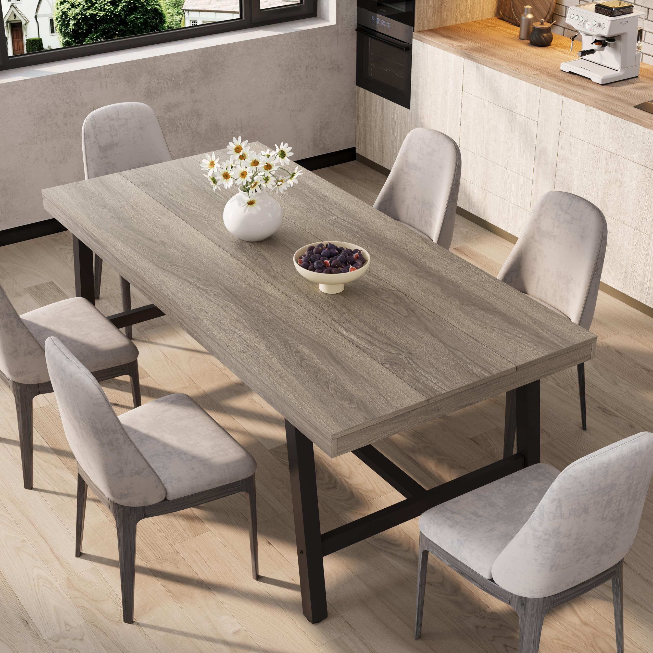 Industrial Dining Table for 6-8 People, 70.87" Long Kitchen Table with Sturdy Metal Frame, Rectangular Counter for Dinner, Kitchen, Dining Room (Grey Walnut, 71" Non-extendable)