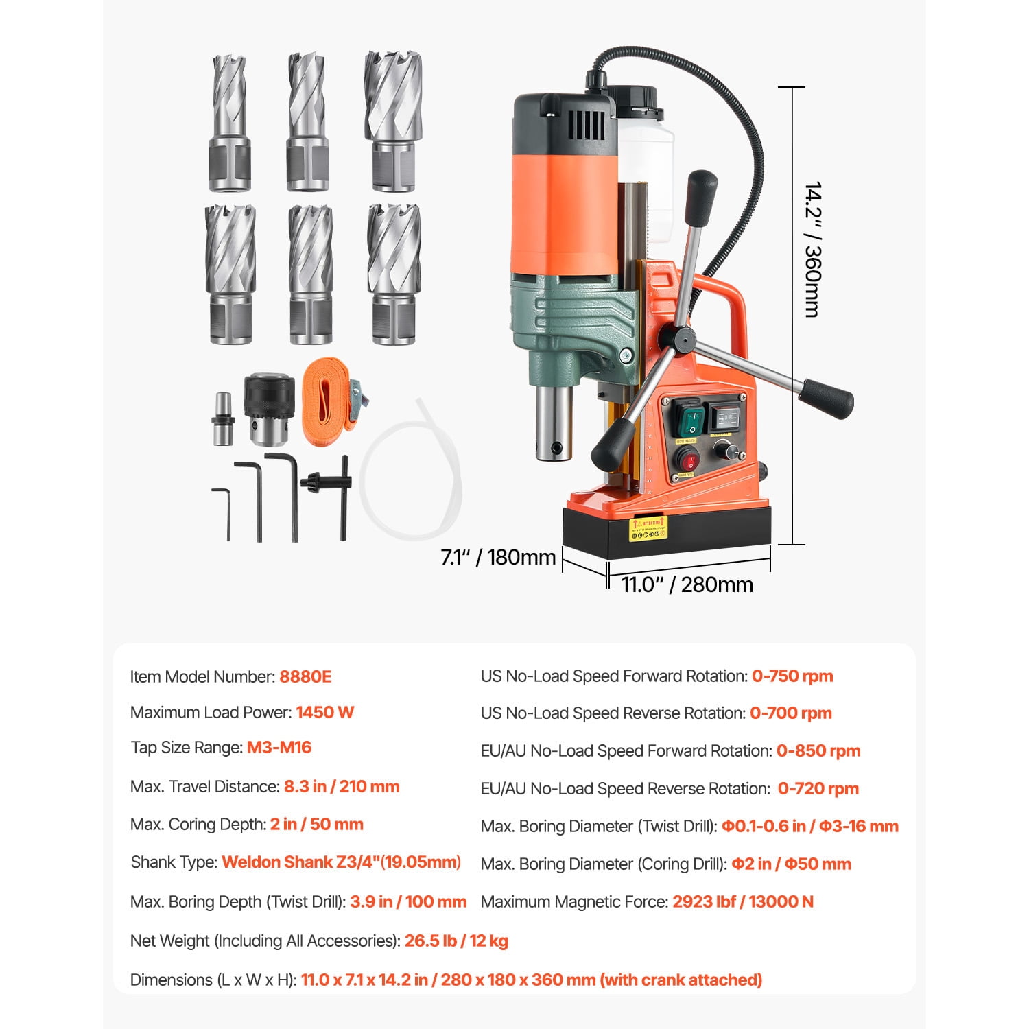 KFFKFF Magnetic Drill with 1450W Motor, 2-inch Coring Capacity, 2922 lbf Magnetic Force, Portable Electric Drill Press with 6 Coring Bits, Adjustable Speed,Ideal for Metal Drilling and Industrial Use