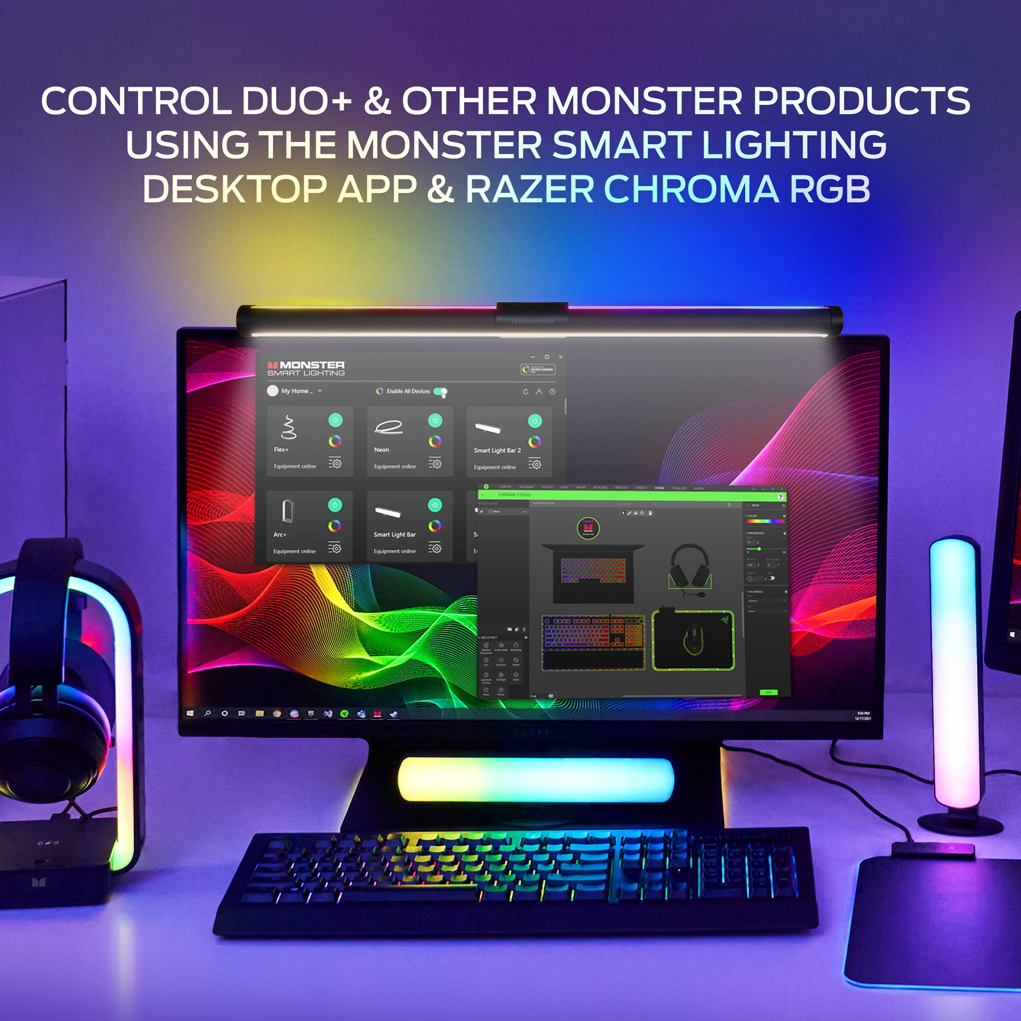 (3 pack) Monster LED Duo Monitor Light Bars with Smart Color Control & Razer Chroma Integration, for Christmas, Halloween, Party, Gameday and More