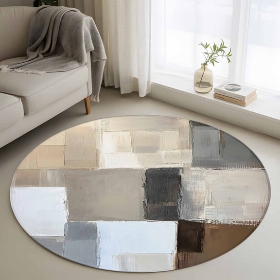 Round Rugs 3Ft, Modern Brown Beige Round Area Rug Washable Indoor Throw Carpet, Grey White Color Blocks Small Non Slip Circle Rug for Bedroom Living Room Home Decor Aesthetic