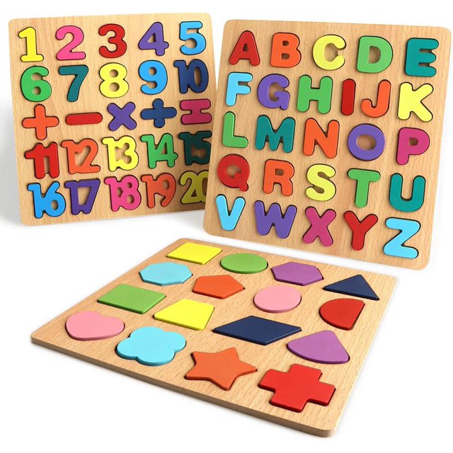 Rompecabezas para niños pequeños, rompecabezas de madera con forma de número de letra del alfabeto ABC, juguetes de aprendizaje para niños y niñas de 2 a 4 años, rompecabezas 3 en 1, bloques educativo