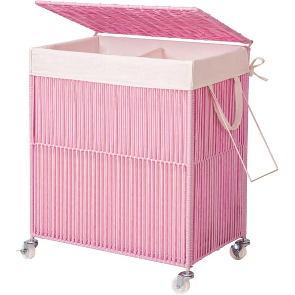 Laundry Hamper with Wheels, Handwoven Rolling Laundry Basket with Lid, Clothes Hamper with Divided Removable Liner Bag, 115L Large Capacity Laundry Sorter Laundry Room Organization, Pink