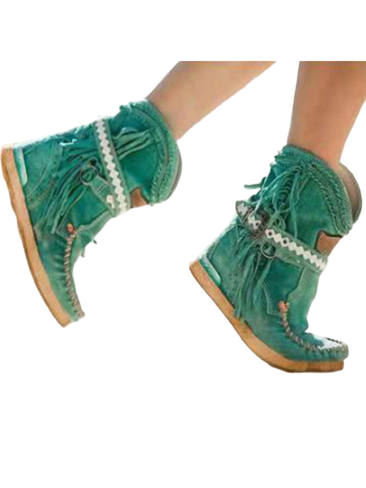 Womens Retro Tassel Fringe Ankle Boots Ladies Casual Flat Round Toe Slouch Shoes 