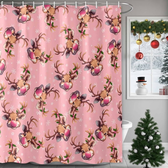Christmas Shower Curtains for Bathroom, Pink Nosed Reindeer Snowflakes Texture Pink Waterproof Fabric Shower Curtain for Bathroom Bathtub Decoration, Machine Washable, 60"x72"