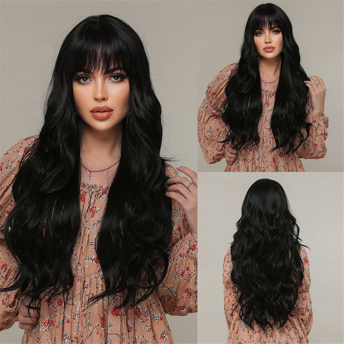 RightOn Black Wig for Women Long Curly Wavy Black Wig with Bangs Long