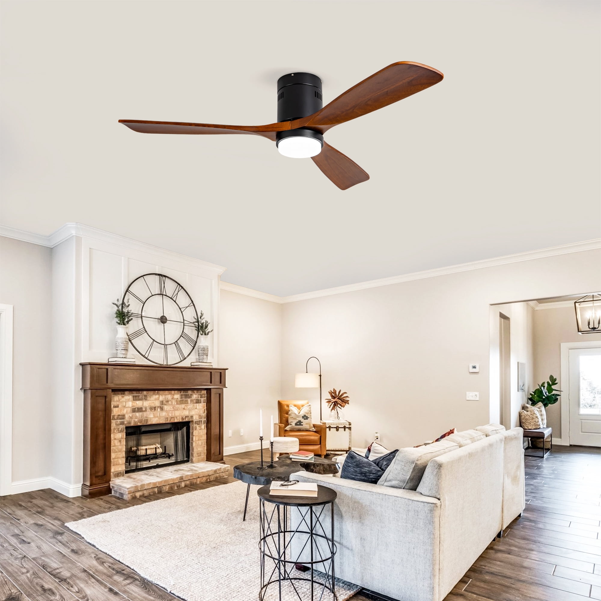 Ceiling Fan with Lights, 52 Inch Flush Mount Remote Control Wood Blades Ceiling Fan for Bedroom Farmhouse Indoor, Black