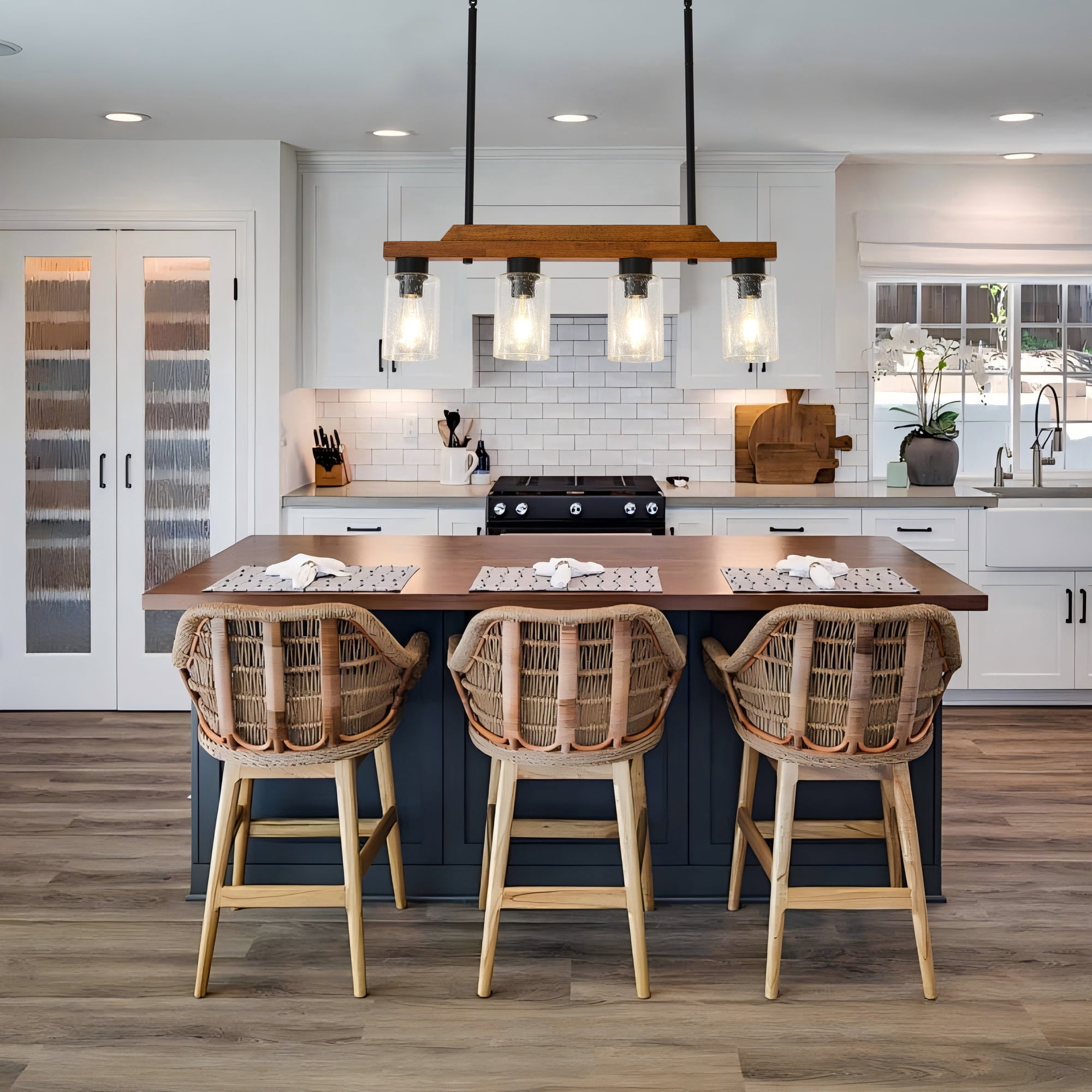 4-Light Farmhouse Pendant Light with Seed Glass Shades, Adjustable Height Kitchen Island Lighting, Linear Chandelier for Dining Room, Bar