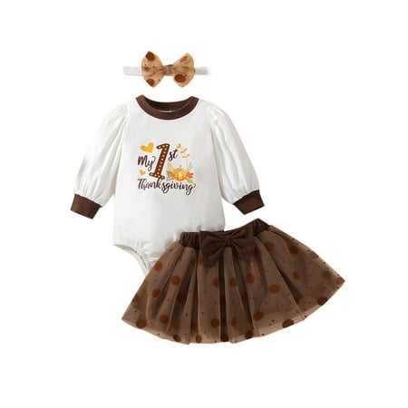 

3Pcs Thanksgiving Day Outfits Letter Print Romper + Elastic Waist Tulle Skirt + Bowknot Headband