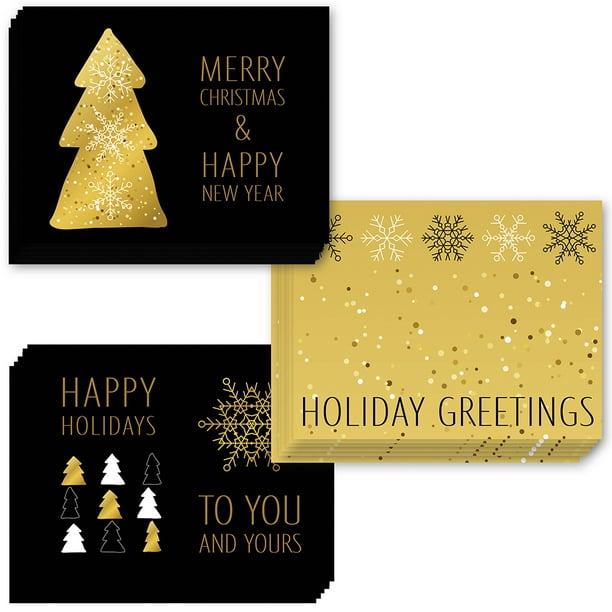 Festive Gold Black Christmas Cards 48 Pack W Envelopes 3 Assorted Elegant Holiday Designs Send