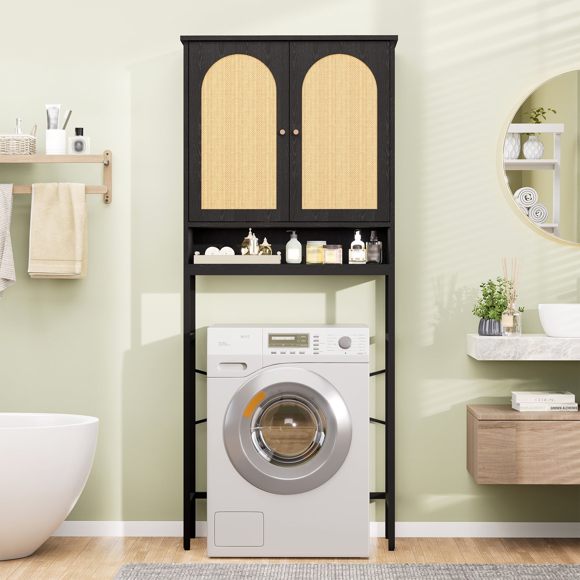 Veanerwood Rattan Toilet Storage Cabinet, Over The Rack Wood Cabinet with Metal Stand, Bathroom Organizer with Adjustable Shelf, Tall Freestanding Washer Shelf, Small Cupboard, Black