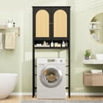 thumbnail image 5 of Veanerwood Rattan Toilet Storage Cabinet, Over The Rack Wood Cabinet with Metal Stand, Bathroom Organizer with Adjustable Shelf, Tall Freestanding Washer Shelf, Small Cupboard, Black, 5 of 10