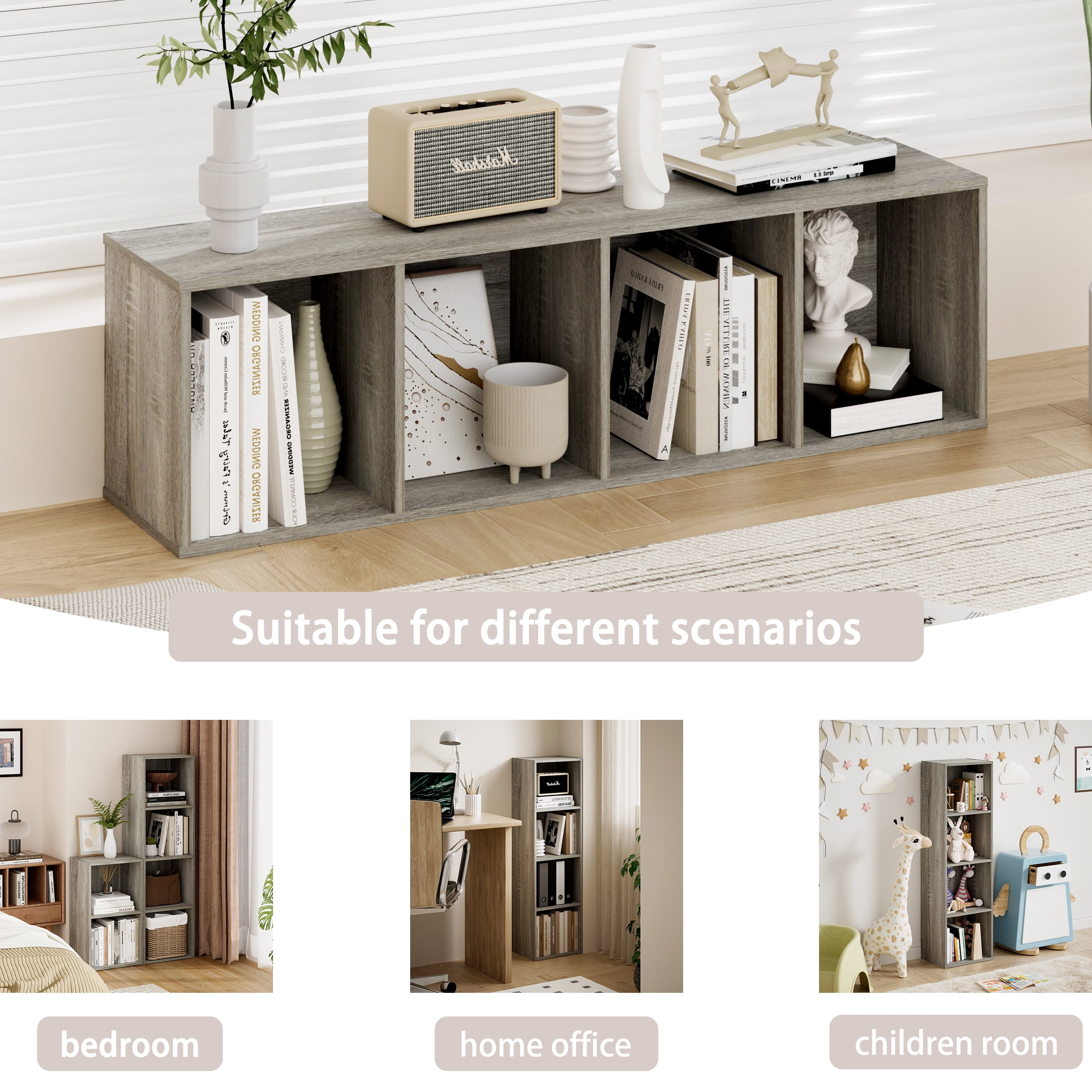 HOMLUX 9" x 12" x 42" Storage Shelf 4 Tier Cube Bookcase, Suitable for Small Space, Gray